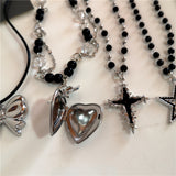 Fashionkova Gothic Y2K Peach Heart Star Cross Pendant Black Beaded Chain Short Choker Necklace For Women Charms Goth Jewelry EMO Accessories