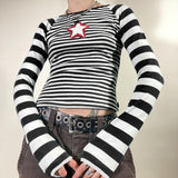 Fashionkova Party Outfit 90s Vintage E-girl Emo Clothes Striped long sleeved T-shirt Y2K Grunge Knitted Autumn Tees Harajuku stars graphical Tee Streetwe