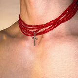 Fashionkova Gothic Punk Cross Pendant Red Multi Layered Beaded Necklace For Women Men Y2K Jewelry Hip Hop Grunge Charms Street Accessories
