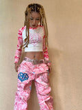Fashionkova Pink camouflage cartoon pattern straight Y2K jeans womens street hip hop design niche hot girl street wide leg baggy pants 2000s