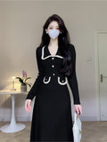 Fashionkova  party look inspos French Solid Autumn Winter Knitted Dress Elegant Women New Peter Pan Collar High Waist Long Dress Lady Office Sweater Vestidos