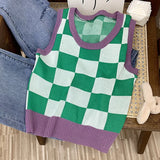 Fashionkova Checkerboard Knit Tank Top for Women Contrast Color Crew Neck Sleeveless Crop Sweater Vest Teengirl 90s Y2K Spring Summer Outfit Spring Style 2025