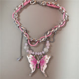 Fashionkova Goth Exaggerated Pink Butterfly Glass Heart Pendant Short Choker Chain Necklace Women Charms Rave Jewelry Y2K Scene Accessories