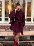 Fashionkova party look inspos Fashion Burgundy Collar Tied Short Coats Woman Casual Loose Pocket Long Sleeved Jacket 2025 Chic New Lady Winter Street Outwear