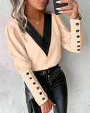 Fashionkova party look inspos Office Ladies V-neck Button Shirt Blouse Spring Autumn Fashion Color Matching Long Sleeve Shirts For Women 2024 White Tops Femme