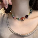 Fashionkova Melard Style Retro Beaded Butterfly Pendant Necklace for Women Colored Beads Bilayer Clavicle Sweater Chain Chokers Fine Jewelry