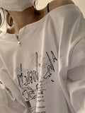 Fashionkova party look inspos Y2K T-shirt Fairy Grunge 2023 Vintage Letter Print Tops Black Autumn Off Shoulder Long Sleeved Korean Tees Loose Harajuku Shirt