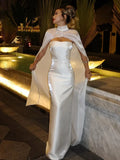 Fashionkova Fashion Slash Neck Satin Bodycon Maxi Dress With Cape Elegant White Sleeveless Backless Long Dresses 2025 New Evening Party Robe