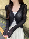 Fashionkova Lace Trim One Button Long Sleeve Crop Top Women Short Sleeve Open Front Ribbed Knit Cardigan Sweater Summer Fairycore Outfit Spring Style 2025