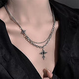 Fashionkova Kpop Y2K Trendy Star Moon Cross Silver Color Choker Chain Necklace Pendant Neck For Women Men Charm Grunge Punk Fashion Jewelry