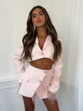 Fashionkova Sexy Long Sleeve Cropped Feather Blazer + Feathers Skirt Two Piece Sets Women Pink Crop Top Mini Skirts Suits Party Evening Club