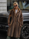 Fashionkova party look inspos Dark Brown Faux Fur Long Overcoat For Women Fashion Lapel Single Breasted Loose Fluffy Plush Warm Coat Winter Thicken Outerwear