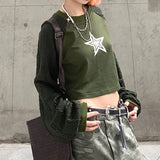 Fashionkova Women Hip Hop Coats Harajuku Casual Loose Hooded Sweatshirt Green T-shirt Patchwork Star Print Hoodie Short Cut With Exposed Fairycore