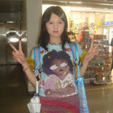 Fashionkova Japanese Y2k Graffiti Print T-shirt Trashy 2000s Style Crop Top Vintage Harajuku Removable Fur Sleeve Tee Shirt American Spring Style 2025
