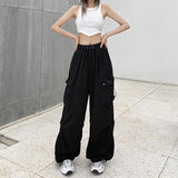 Fashionkova Party Outfit Women Casual Baggy Cargo Pants Solid Low Waist Joggers Tech Pants Drawstring Wide Leg Baggy Trousers Y2K Streetwear Sweatpants