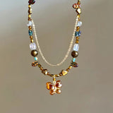 Fashionkova Melard Style Retro Beaded Butterfly Pendant Necklace for Women Colored Beads Bilayer Clavicle Sweater Chain Chokers Fine Jewelry