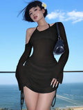 Fashionkova Solid Skew Collar Ruched Straps Lace-Up See Through Draw String Mini Dress 2023 Summer  Women Party Clubwear Wholesale