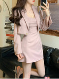 Fashionkova  party look inspos Autumn Pink New Two Piece Dress Set Women Blazer Coat+Strap Dress Set Female Casual Korean Fashion Slim Elegant Dress Suit 2024