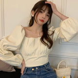 Fashionkova Elegant Blouses Women Sweet Puff Sleeve Bow Bandage Shirts Korean Streetwear Vintage Square Neck Lace Up Slim Casual Crop Tops ootd