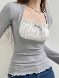 Fashionkova party look inspos y2k Lace Patchwork Fake Two Piece T-shirt Flare Long Sleeve Tops Spring Casual Kawaii Clothes Korean Shirt