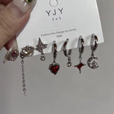 Fashionkova 6PCS Gothic Red Crystal Heart Cross Star Pendant Earrings Set For Women Men Trend Punk Grunge Y2K Aesthetic Jewelry Accessories