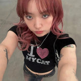 Fashionkova Rhinestone I LOVE MY CAT Letter Printed Crop Tops Harajuku Casual T-shirt Y2k Clothes Summer Fashion Short Sleeve Streetwear Emo Fairycore Outfit Idea