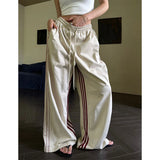 Fashionkova party outfit  American Retro Color Contrast Striped Casual Pants Women's Summer High Waist Drawstring Loose Thin High Street Wide Leg Pants