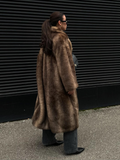 Fashionkova party look inspos Dark Brown Faux Fur Long Overcoat For Women Fashion Lapel Single Breasted Loose Fluffy Plush Warm Coat Winter Thicken Outerwear