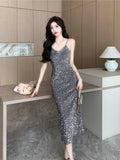 Fashionkova  party look inspos Autumn Women V-Neck Sequins Party Dress New Elegant Sleeveless Package Hip Spaghetti Strap Long Dresses Chic Vestidos Largos