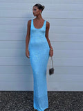 Fashionkova Shiny Sequins Blue Knit Long Dress For Women Fashion V-neck Backless Slim Fits Maxi Dresses Elegant Vocation Beach Party Robes