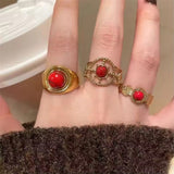 Fashionkova Vintage Red Drip Oil Round Opening Rings For Women Fashion Metal Hollow Geometric Adjustable Finger Ring Jewelry 2025 New