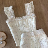 Fashionkova Y2K Womens New Two Piece Set French Lace Splicing Polka Dot Suspenders Sexy Fashion Retro Harajuku Bow Cute Mini Skirt Tops Suit