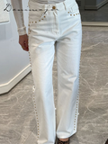 Fashionkova Street Bead White Jean Women Chic Baggy Wide Leg Straight Pocket Zipper Denim Long Pants 2025 Spring Casual Commute Lady Trouser