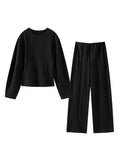 Fashionkova Party Outfit Casual Solid Top Pants Women Set Fashion Long Sleeve O-neck Pleated Tops Wide Leg Trousers 2024 Autumn Vacation Lady Suit