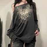 Fashionkova party look inspos Vintage Printed Hoodies Skew Collar Long Sleeve Loose Fit Women Jumpers Dark Gothic Pullovers Autumn Winter Halloween