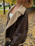 Fashionkova party look inspos Women Faux Lamb Fur Leather Short Jacket Lapel Zipper Bomber Outwear Faux Suede Lapel Coat Warm Biker Motor Aviator Coat
