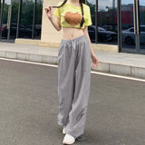 Fashionkova Party Outfit Rimocy High Waist Summer Cargo Pants Women Streetwear Drawstring Thin Parachute Pants Woman Solid Color Wide Leg Y2k Trouses