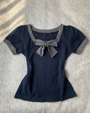 Fashionkova Blue sexy slimming chest bow embellishment square collar short sleeve slim white short sleeve T-shirt top Y2K Harajuku retro Spring Style 2025