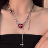 Fashionkova Gothic Vintage Red Heart Star Cross Pendant Chain Necklace For Women Men Halloween Punk Y2K Grunge Hip Hop Jewelry Accessories