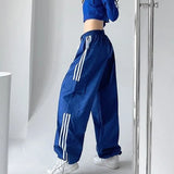 Fashionkova Party Outfit Striped Sweatpants Women Hip Hop Streetwear Baggy Wide Leg Cargo Pants Bf Y2K High Waist Drawstring Joggers Trousers