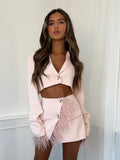 Fashionkova Sexy Long Sleeve Cropped Feather Blazer + Feathers Skirt Two Piece Sets Women Pink Crop Top Mini Skirts Suits Party Evening Club