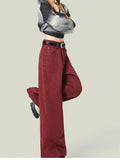 Fashionkova  Party Outfit  Women's Street Style Wide Leg Red Jeans American Vintage Casual Denim Trousers Female High Waist Loose Straight Pants