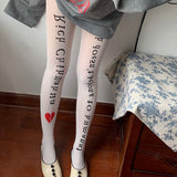 Fashionkova  Nye Outfit Broken Heart Engligh Letter Printed Silk Stockings Korea Design Bow Tie Print Pantyhose Punk Gothic Japanese Tights Socks