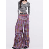 Fashionkova party outfit  Y2K Purple Plaid Cargo Pants Women Korean Fashion Winter Checked Trousers Oversized Harajuku Vintage 90s Wide Leg Pantalones