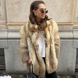 Fashionkova Party Outfit Vintage Turn-down Collar Faux Fur Women Casual Thickened Long Sleeved Coats Female Autumn Winter Chic Soft Outwears With Pockets