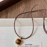 Fashionkova Trendy Punk Tiger Eye Stone Leather Rope Adjustable Necklace For Women Men Stuff Couple Charms Jewelry  Scene EMO Accessories