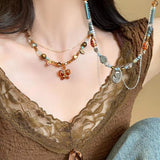 Fashionkova Melard Style Retro Beaded Butterfly Pendant Necklace for Women Colored Beads Bilayer Clavicle Sweater Chain Chokers Fine Jewelry