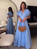 Fashionkova Women Summer Elegant Pleated Bow V Neck Blue Long Dresses 2024 New Sleeveless Wrapped Waist Maxi Dress Lady Vacation Party Robe ootd