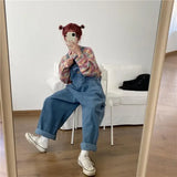 Fashionkova  Party Outfit  Japanese Loose Cute Jumpsuits Women New Cartoon Embroidery Oversized Denim Overalls Female Cuffed Wide Leg Trousers