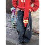Fashionkova Retro American Star Applique Flared Hem Wide Leg Jeans Women 2025 Trendy Fluid Trousers Loose Baggy Floor-Length Streetwear